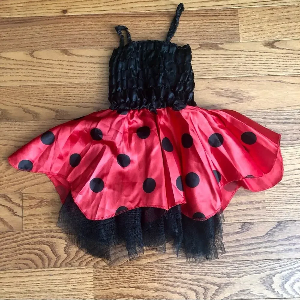 Bumble Bee Polk-a-dot Smocked Bodice Wings Red Black Dress Toddler Girl Size 2T